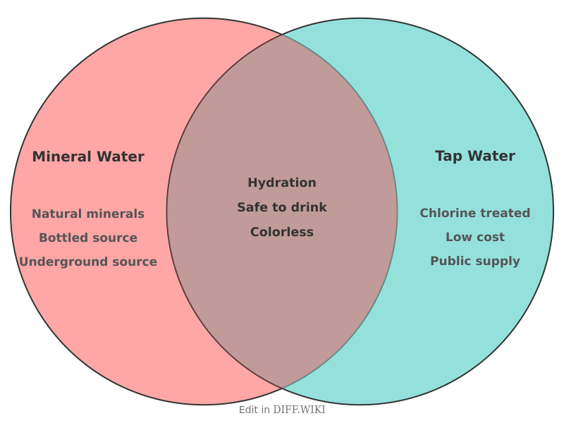 Venn diagram for Differences between Mineral Water and Tap Water